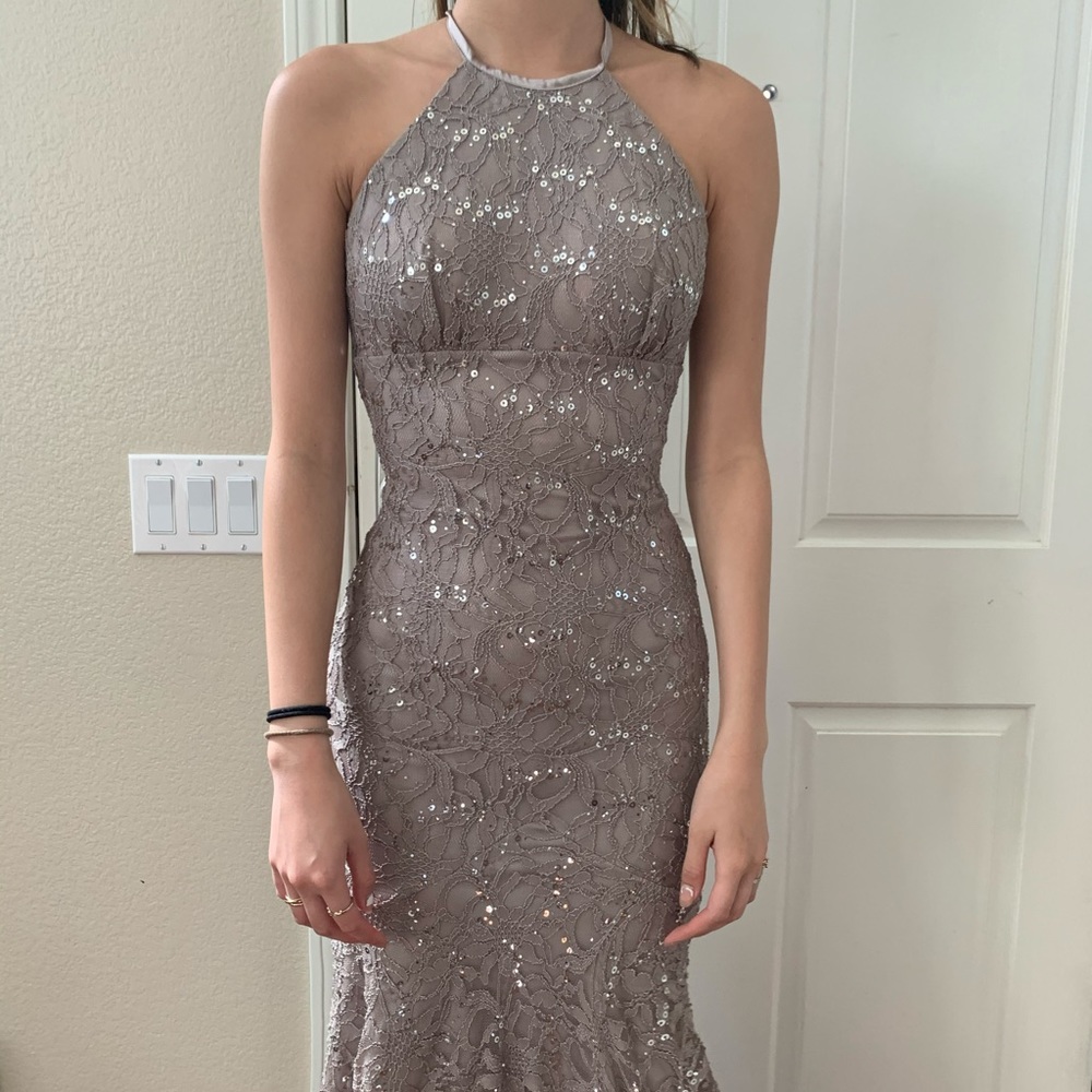Beautiful taupe backless fishtail gown